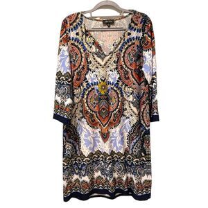 Melissa Paige 3/4 Sleeve Asymmetrical Print Midi Dress Blue Size Large